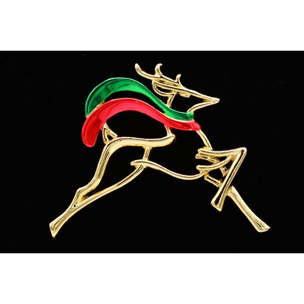 Vintage Reindeer Pin Brooch Red Green Enamel Scarf Christmas Holiday Gold BinAQ